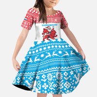 Luxembourg Christmas Kid Short Sleeve Dress with Santa Claus Red Lion Snowflake Pattern and National Flag Design - Wonder Print Shop