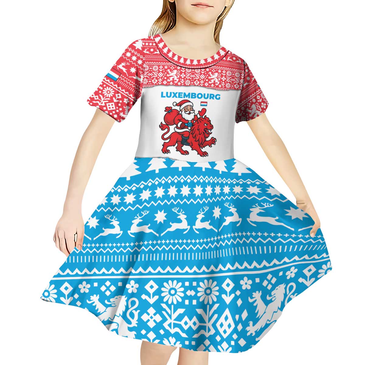 Luxembourg Christmas Kid Short Sleeve Dress with Santa Claus Red Lion Snowflake Pattern and National Flag Design - Wonder Print Shop