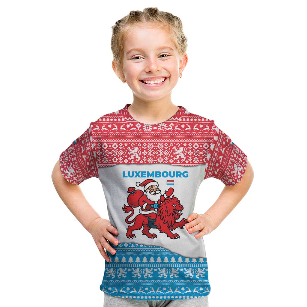 Luxembourg Christmas Kid T Shirt with Santa Claus Red Lion Snowflake Pattern and National Flag Design - Wonder Print Shop