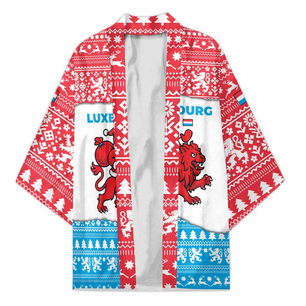 Luxembourg Christmas Kimono with Santa Claus Red Lion Snowflake Pattern and National Flag Design - Wonder Print Shop