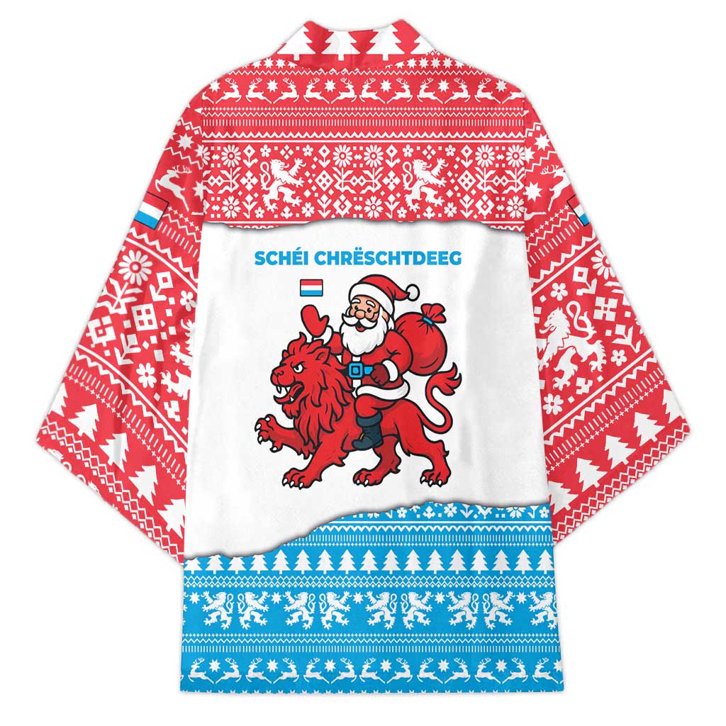 Luxembourg Christmas Kimono with Santa Claus Red Lion Snowflake Pattern and National Flag Design - Wonder Print Shop