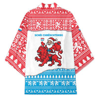 Luxembourg Christmas Kimono with Santa Claus Red Lion Snowflake Pattern and National Flag Design - Wonder Print Shop