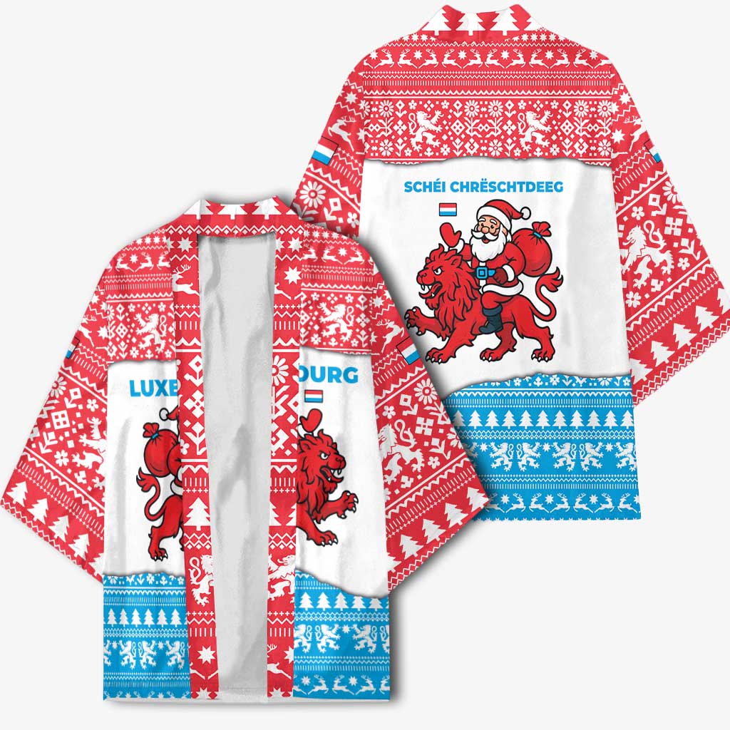 Luxembourg Christmas Kimono with Santa Claus Red Lion Snowflake Pattern and National Flag Design - Wonder Print Shop