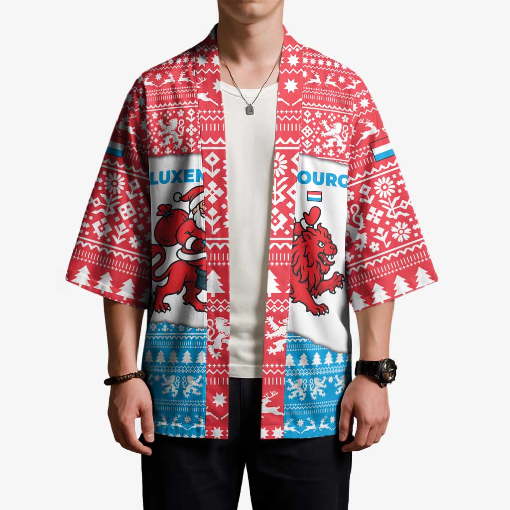 Luxembourg Christmas Kimono with Santa Claus Red Lion Snowflake Pattern and National Flag Design - Wonder Print Shop