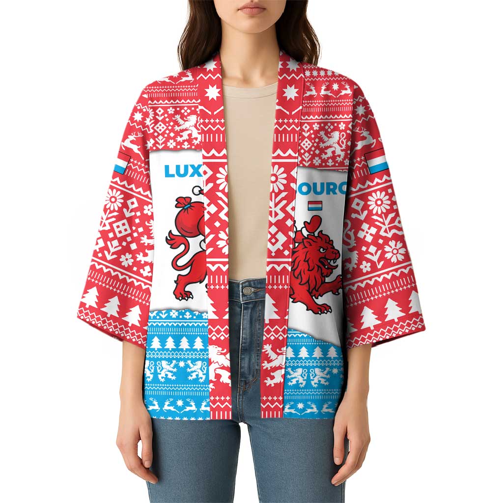 Luxembourg Christmas Kimono with Santa Claus Red Lion Snowflake Pattern and National Flag Design - Wonder Print Shop