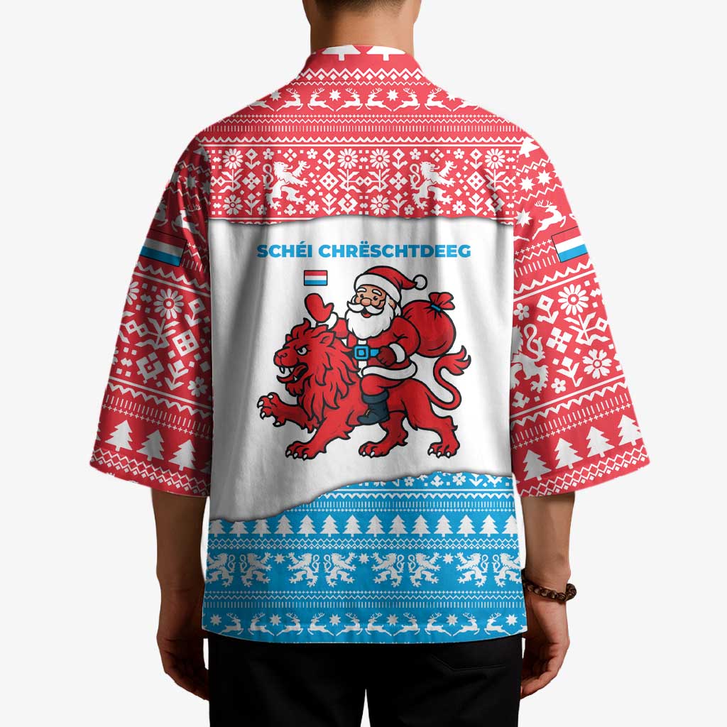 Luxembourg Christmas Kimono with Santa Claus Red Lion Snowflake Pattern and National Flag Design - Wonder Print Shop