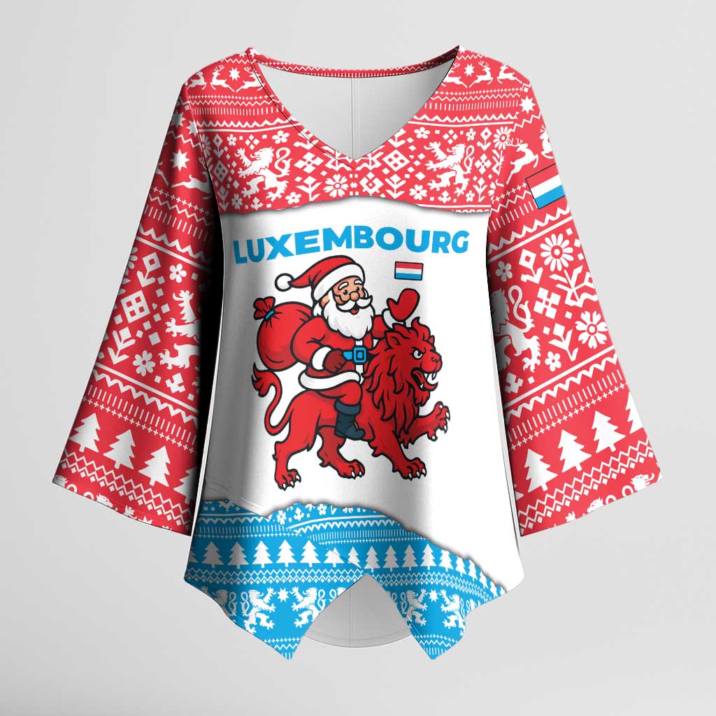 Luxembourg Christmas Kimono Sleeve Blouse with Santa Claus Red Lion Snowflake Pattern and National Flag Design - Wonder Print Shop