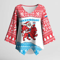 Luxembourg Christmas Kimono Sleeve Blouse with Santa Claus Red Lion Snowflake Pattern and National Flag Design - Wonder Print Shop