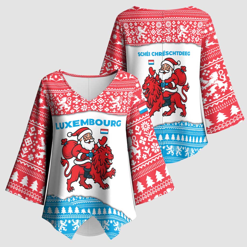 Luxembourg Christmas Kimono Sleeve Blouse with Santa Claus Red Lion Snowflake Pattern and National Flag Design - Wonder Print Shop