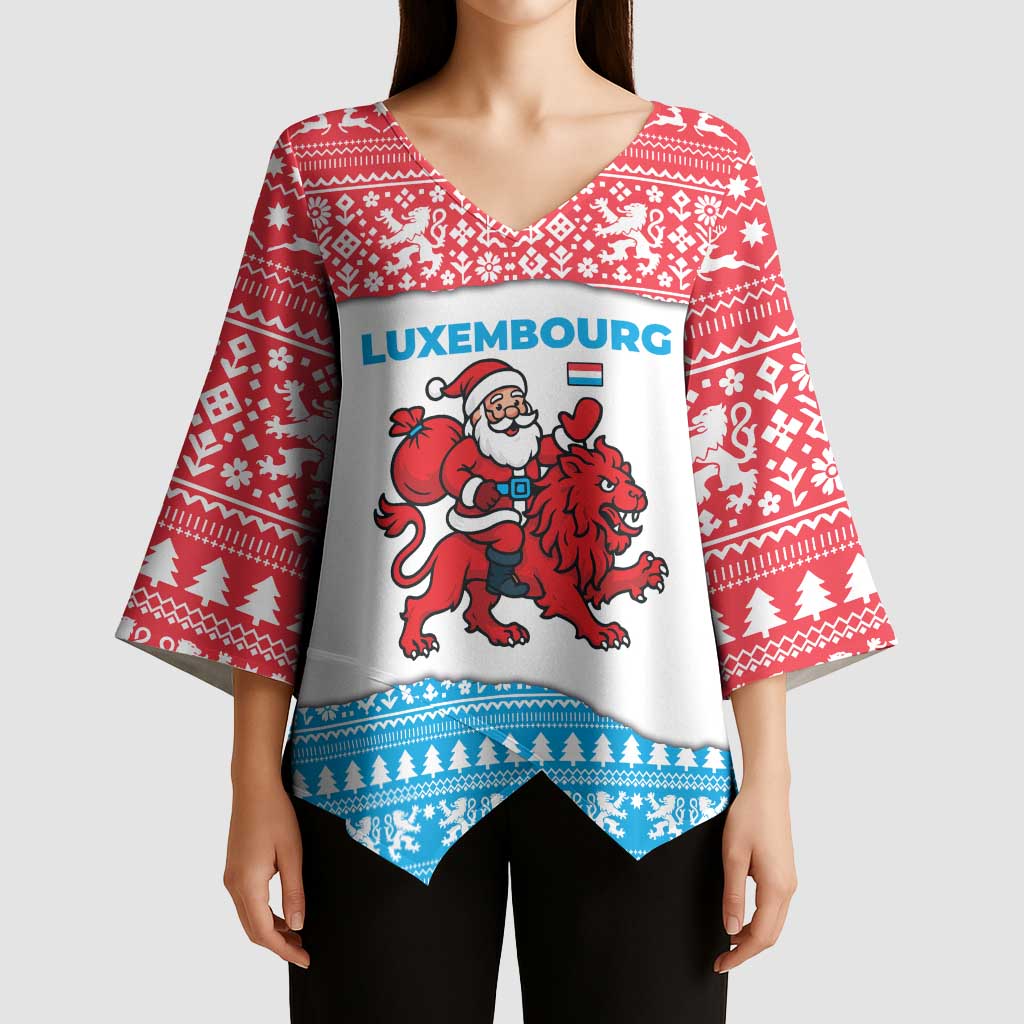 Luxembourg Christmas Kimono Sleeve Blouse with Santa Claus Red Lion Snowflake Pattern and National Flag Design - Wonder Print Shop