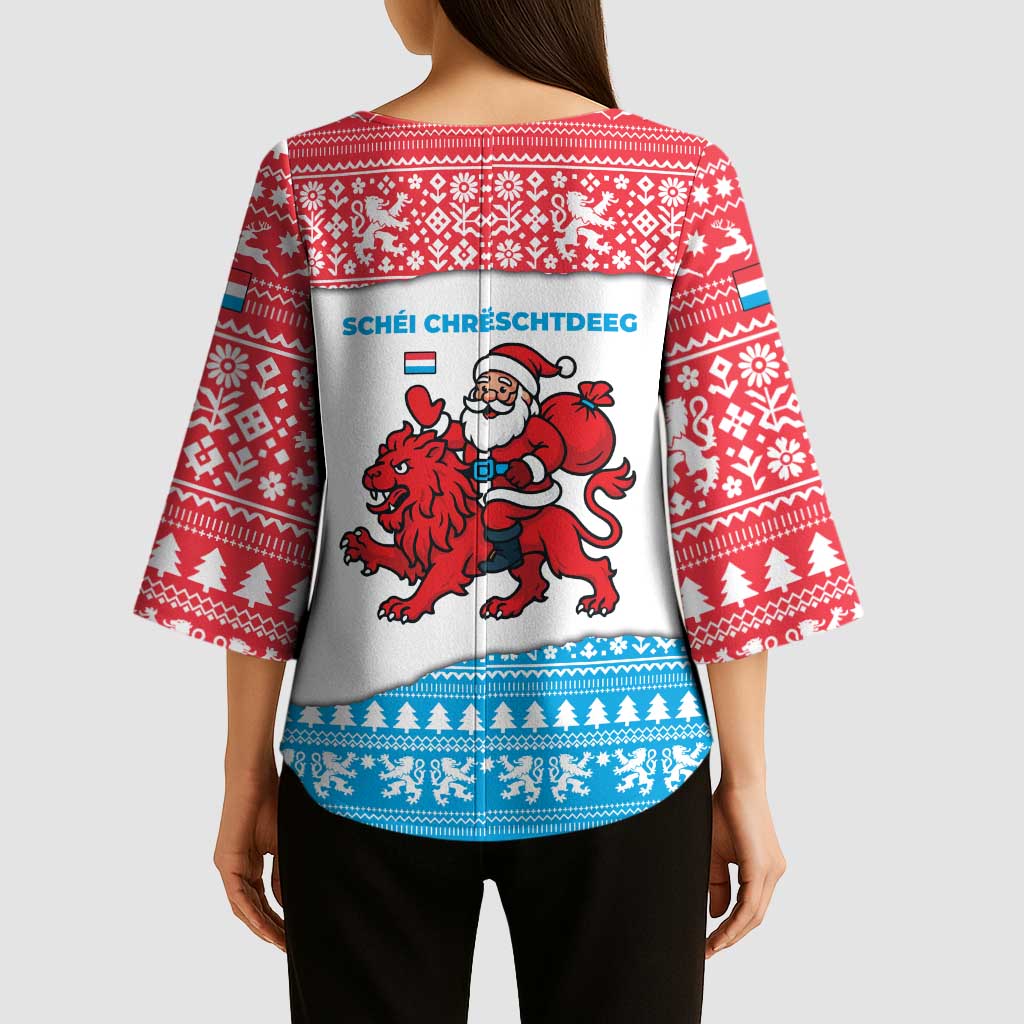 Luxembourg Christmas Kimono Sleeve Blouse with Santa Claus Red Lion Snowflake Pattern and National Flag Design - Wonder Print Shop