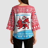 Luxembourg Christmas Kimono Sleeve Blouse with Santa Claus Red Lion Snowflake Pattern and National Flag Design - Wonder Print Shop