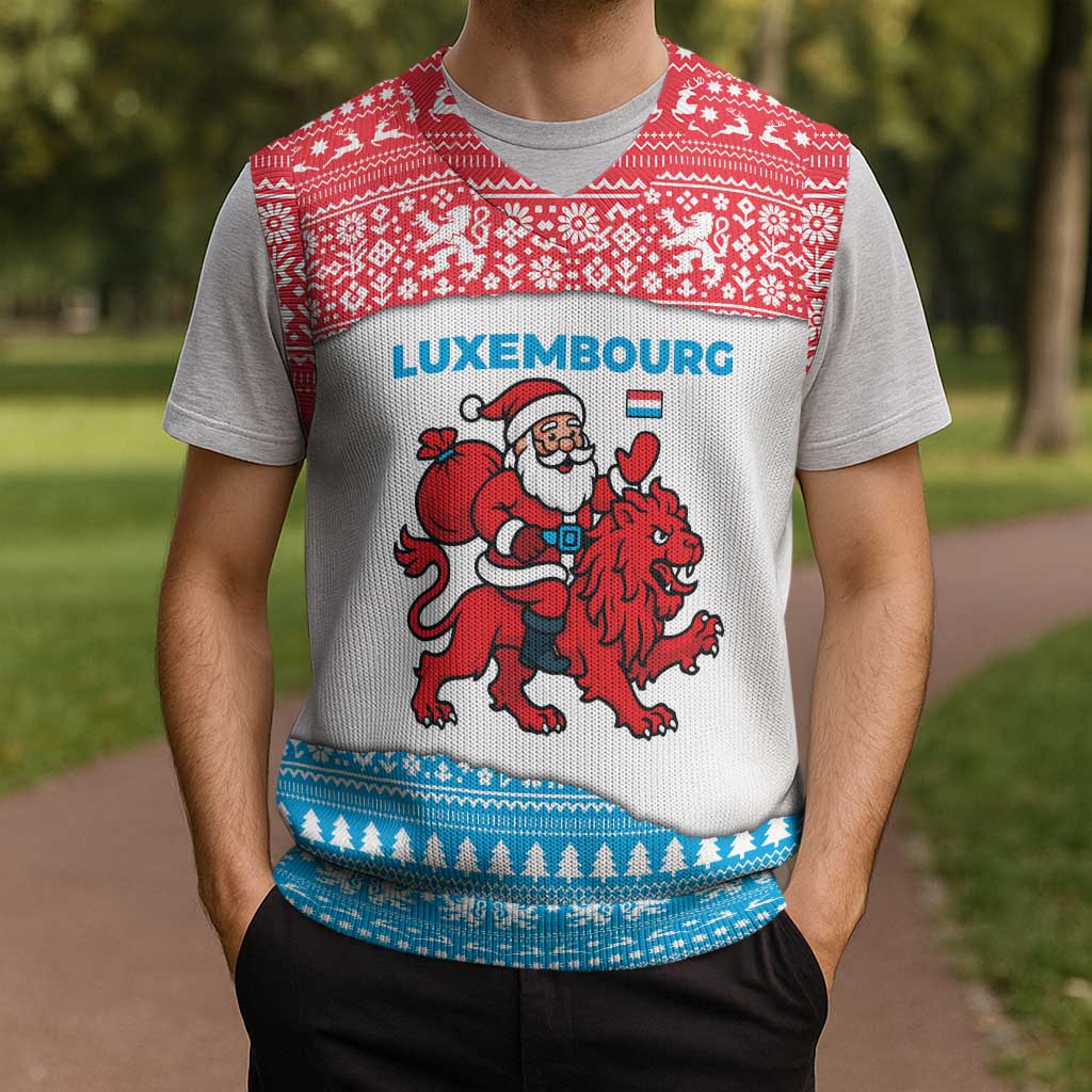 Luxembourg Christmas Knitted V-Neck Vest with Santa Claus Red Lion Snowflake Pattern and National Flag Design - Wonder Print Shop