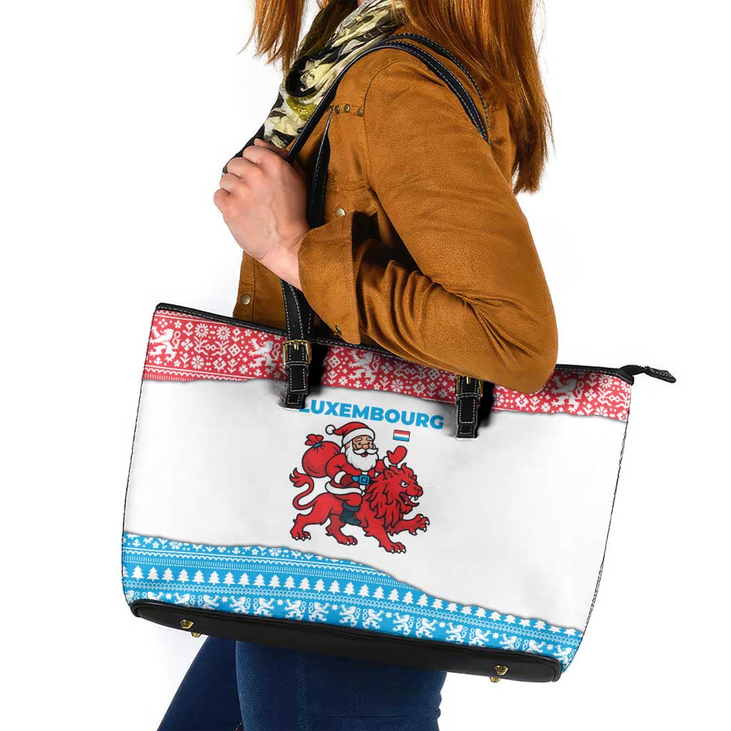 Luxembourg Christmas Leather Tote Bag with Santa Claus Red Lion Snowflake Pattern and National Flag Design - Wonder Print Shop