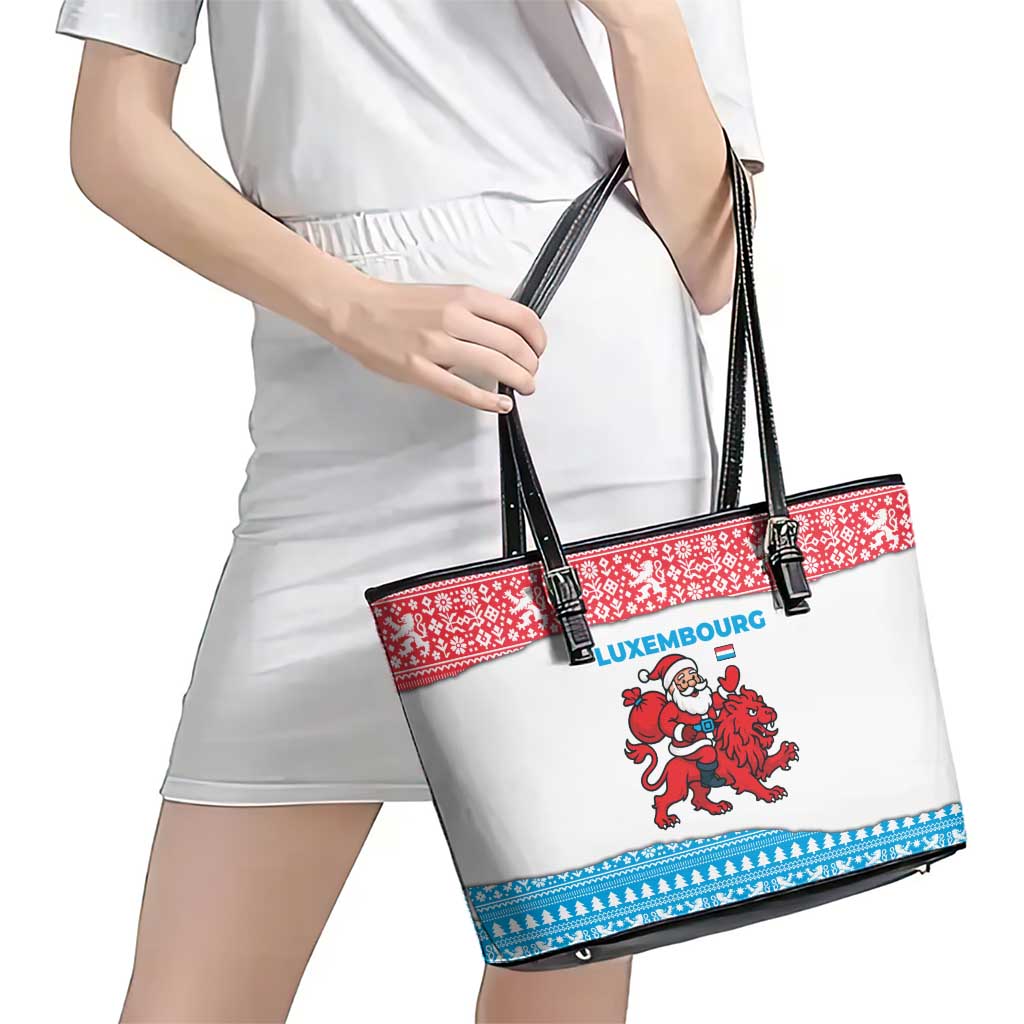 Luxembourg Christmas Leather Tote Bag with Santa Claus Red Lion Snowflake Pattern and National Flag Design - Wonder Print Shop