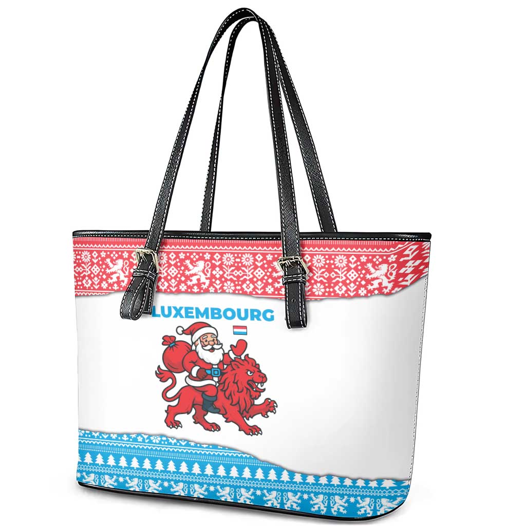 Luxembourg Christmas Leather Tote Bag with Santa Claus Red Lion Snowflake Pattern and National Flag Design - Wonder Print Shop