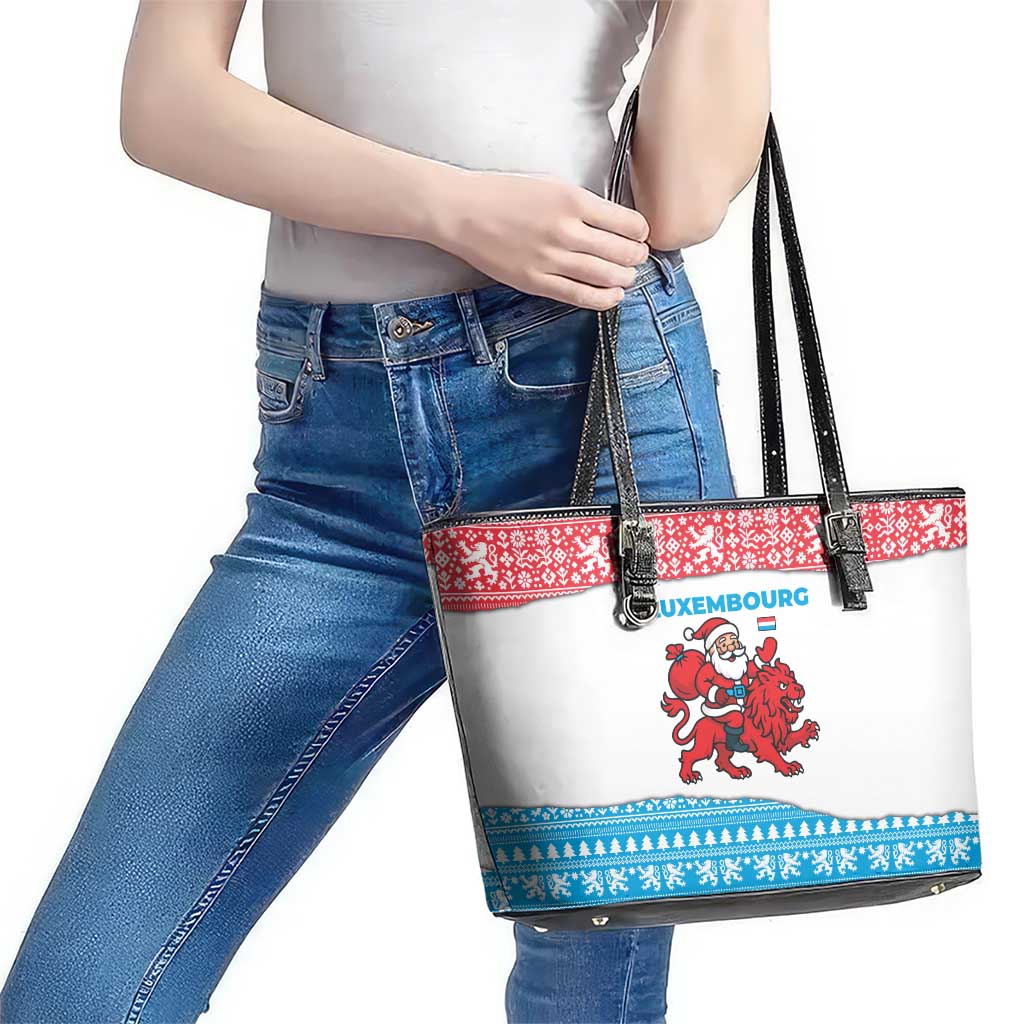 Luxembourg Christmas Leather Tote Bag with Santa Claus Red Lion Snowflake Pattern and National Flag Design - Wonder Print Shop