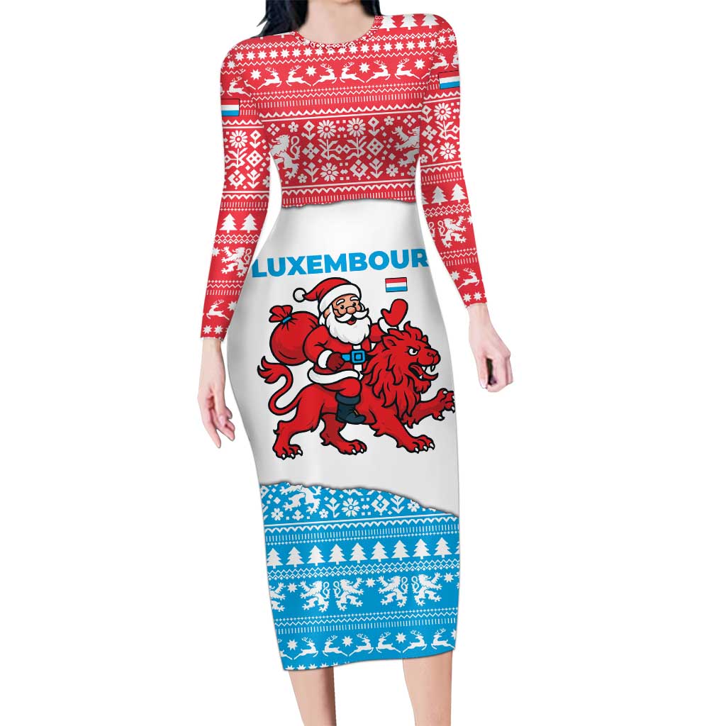 Luxembourg Christmas Long Sleeve Bodycon Dress with Santa Claus Red Lion Snowflake Pattern and National Flag Design - Wonder Print Shop