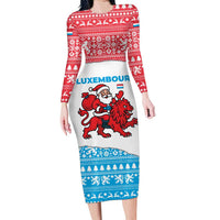 Luxembourg Christmas Long Sleeve Bodycon Dress with Santa Claus Red Lion Snowflake Pattern and National Flag Design - Wonder Print Shop