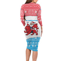 Luxembourg Christmas Long Sleeve Bodycon Dress with Santa Claus Red Lion Snowflake Pattern and National Flag Design - Wonder Print Shop