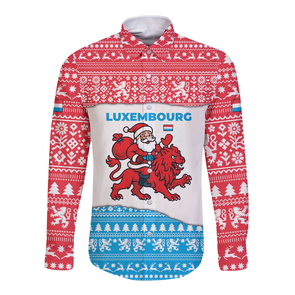 Luxembourg Christmas Long Sleeve Button Shirt with Santa Claus Red Lion Snowflake Pattern and National Flag Design - Wonder Print Shop