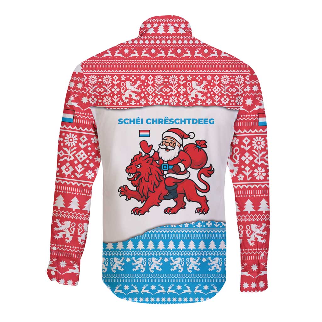 Luxembourg Christmas Long Sleeve Button Shirt with Santa Claus Red Lion Snowflake Pattern and National Flag Design - Wonder Print Shop