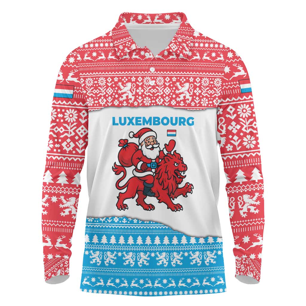 Luxembourg Christmas Long Sleeve Polo Shirt with Santa Claus Red Lion Snowflake Pattern and National Flag Design - Wonder Print Shop