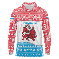 Luxembourg Christmas Long Sleeve Polo Shirt with Santa Claus Red Lion Snowflake Pattern and National Flag Design - Wonder Print Shop