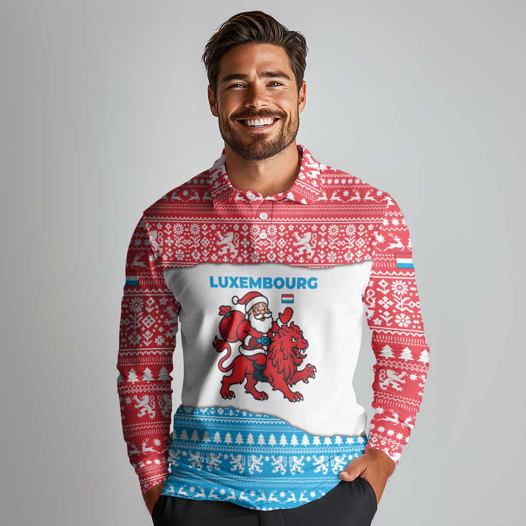 Luxembourg Christmas Long Sleeve Polo Shirt with Santa Claus Red Lion Snowflake Pattern and National Flag Design - Wonder Print Shop