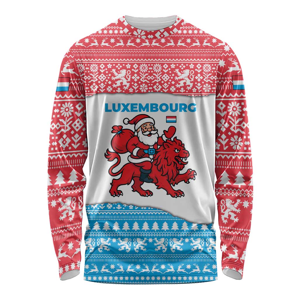 Luxembourg Christmas Long Sleeve Shirt with Santa Claus Red Lion Snowflake Pattern and National Flag Design - Wonder Print Shop