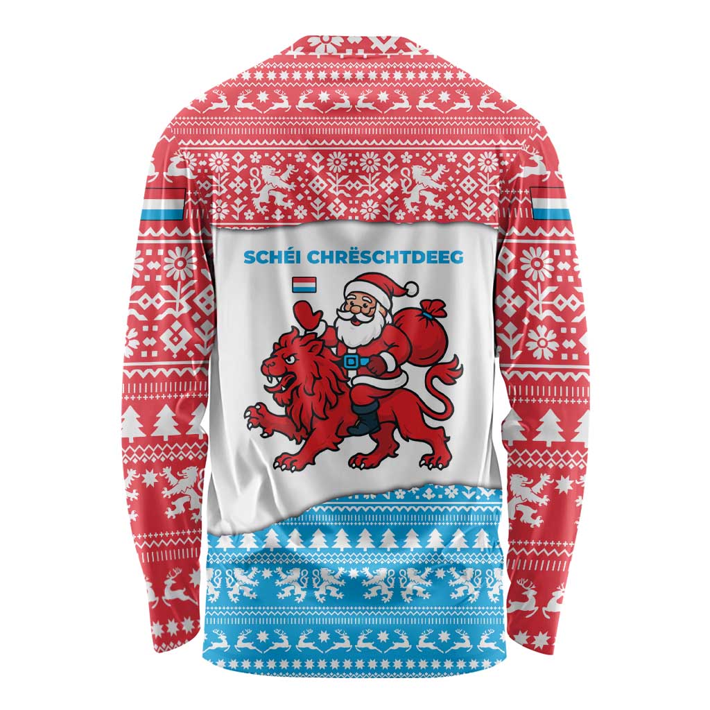 Luxembourg Christmas Long Sleeve Shirt with Santa Claus Red Lion Snowflake Pattern and National Flag Design - Wonder Print Shop