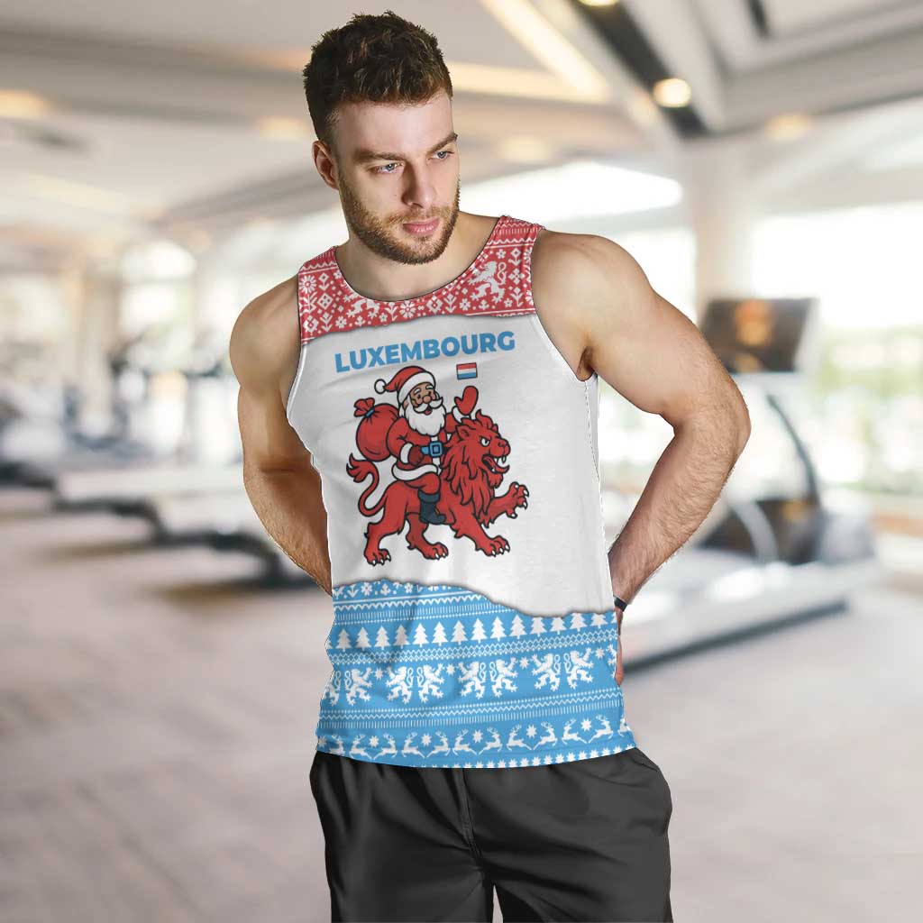 Luxembourg Christmas Men Tank Top with Santa Claus Red Lion Snowflake Pattern and National Flag Design - Wonder Print Shop