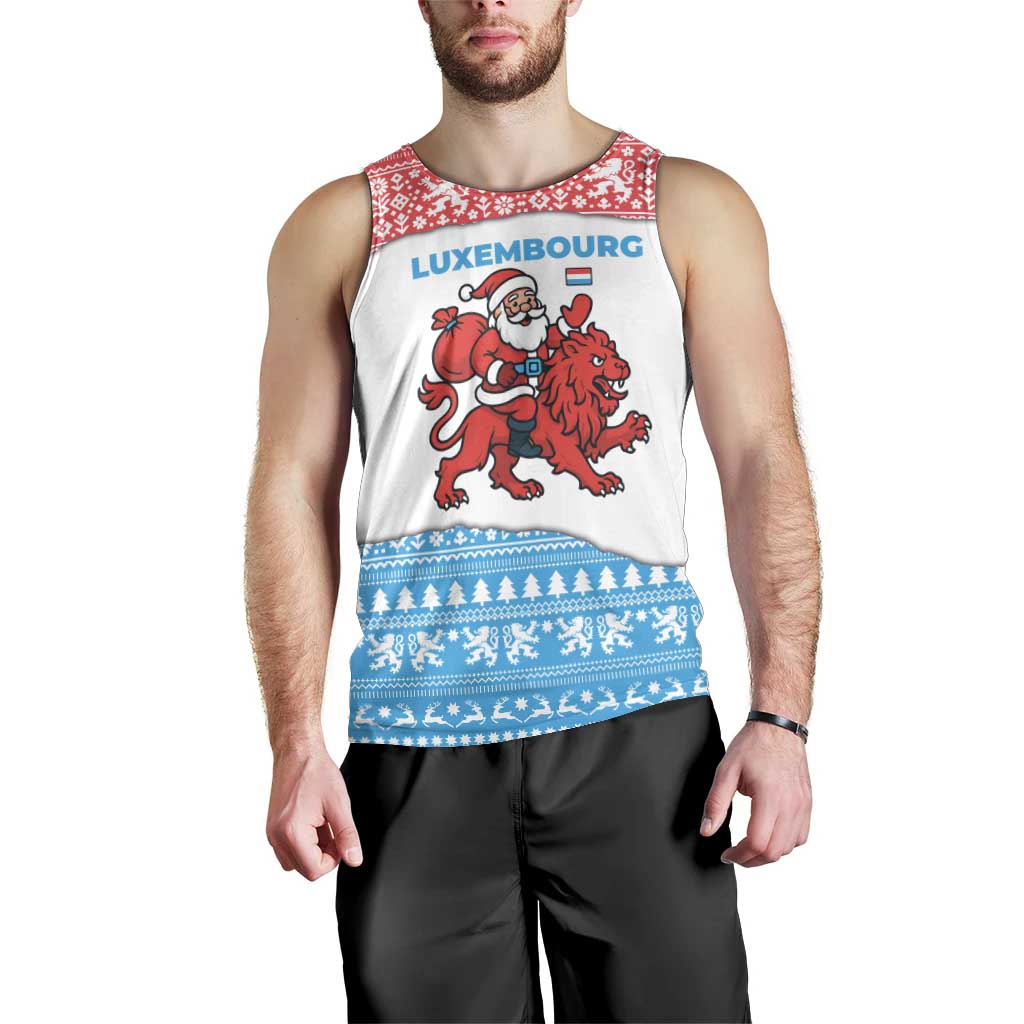 Luxembourg Christmas Men Tank Top with Santa Claus Red Lion Snowflake Pattern and National Flag Design - Wonder Print Shop