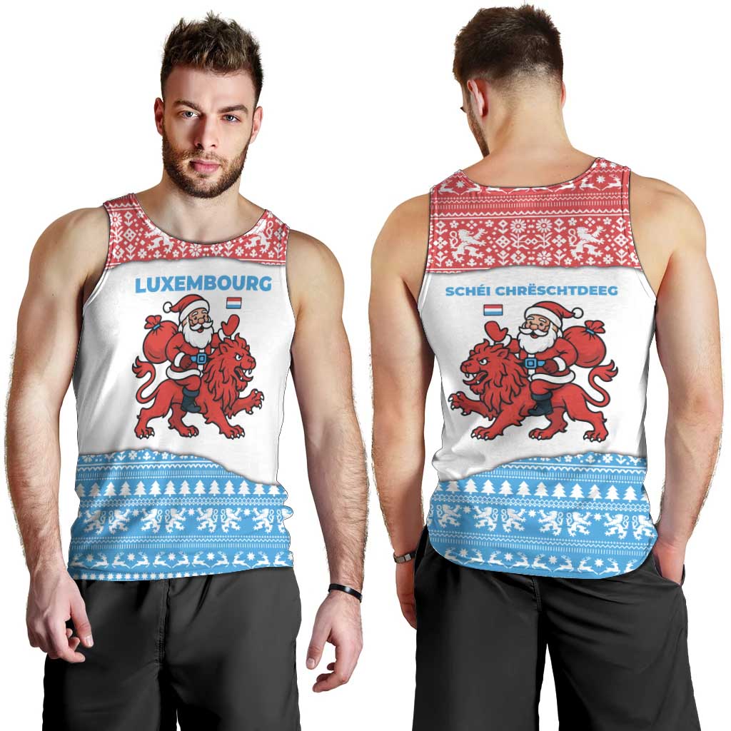 Luxembourg Christmas Men Tank Top with Santa Claus Red Lion Snowflake Pattern and National Flag Design - Wonder Print Shop