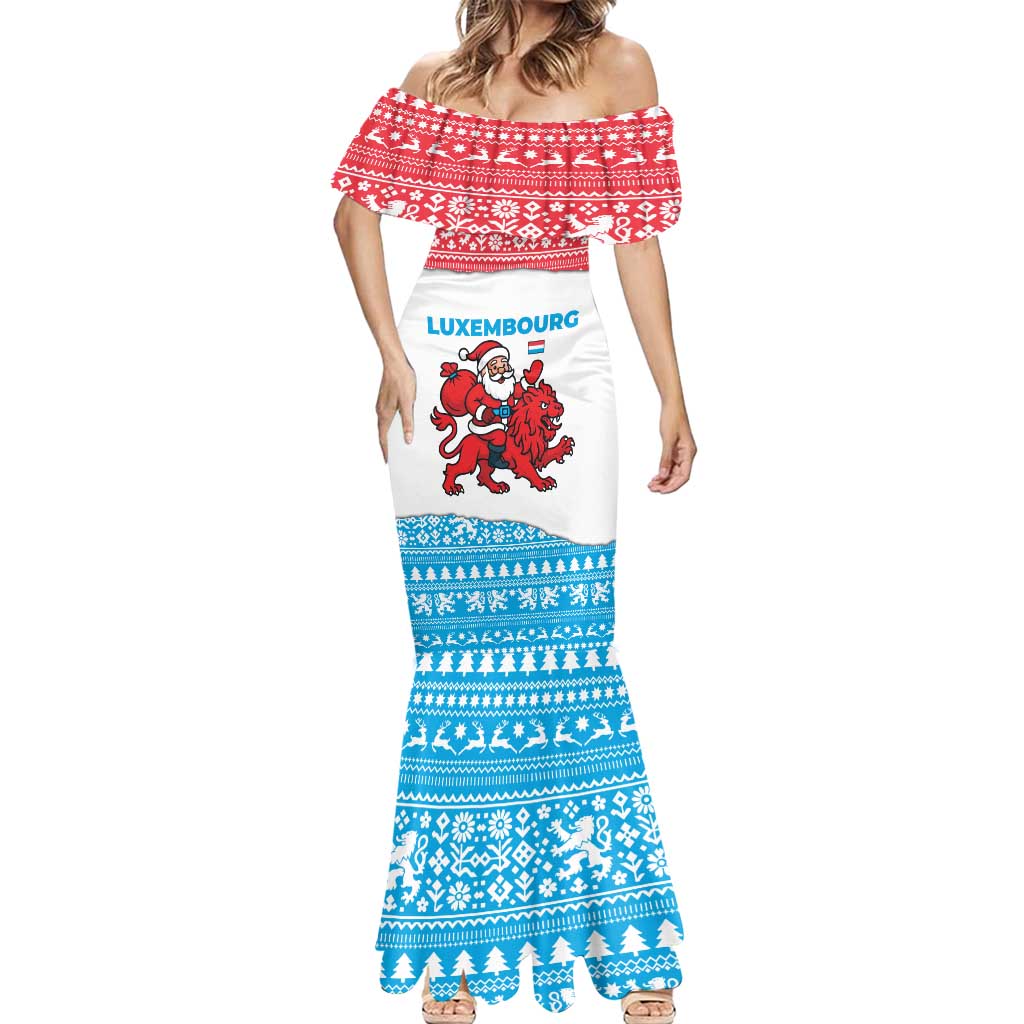 Luxembourg Christmas Mermaid Dress with Santa Claus Red Lion Snowflake Pattern and National Flag Design - Wonder Print Shop