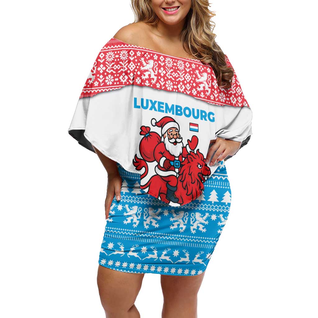 Luxembourg Christmas Off Shoulder Short Dress with Santa Claus Red Lion Snowflake Pattern and National Flag Design - Wonder Print Shop