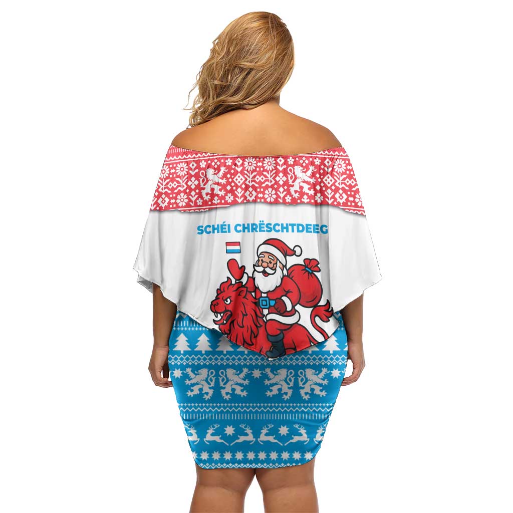 Luxembourg Christmas Off Shoulder Short Dress with Santa Claus Red Lion Snowflake Pattern and National Flag Design - Wonder Print Shop