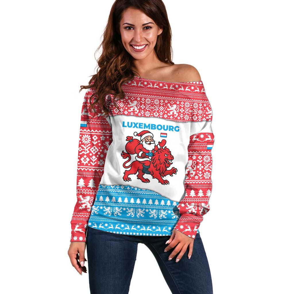 Luxembourg Christmas Off Shoulder Sweater with Santa Claus Red Lion Snowflake Pattern and National Flag Design - Wonder Print Shop