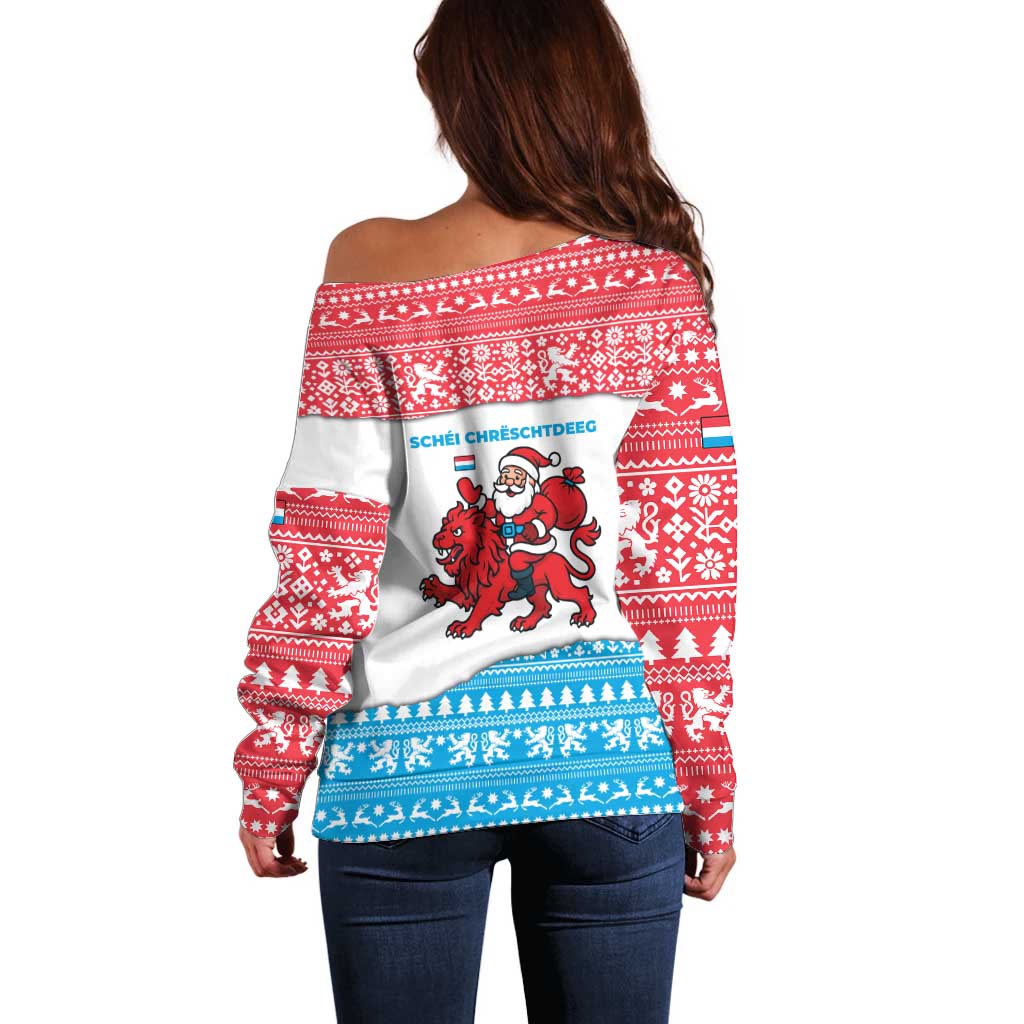 Luxembourg Christmas Off Shoulder Sweater with Santa Claus Red Lion Snowflake Pattern and National Flag Design - Wonder Print Shop