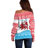 Luxembourg Christmas Off Shoulder Sweater with Santa Claus Red Lion Snowflake Pattern and National Flag Design - Wonder Print Shop