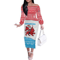 Luxembourg Christmas Off The Shoulder Long Sleeve Dress with Santa Claus Red Lion Snowflake Pattern and National Flag Design - Wonder Print Shop