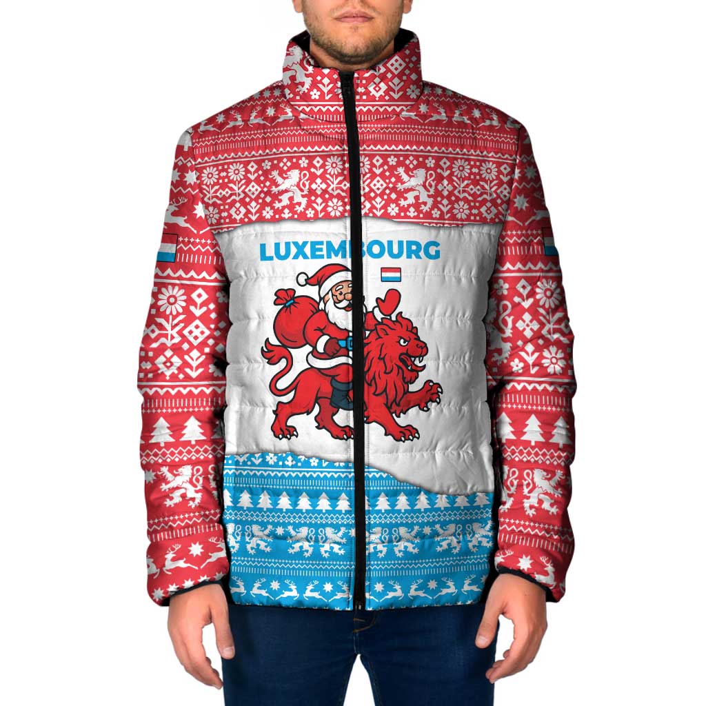 Luxembourg Christmas Padded Jacket with Santa Claus Red Lion Snowflake Pattern and National Flag Design - Wonder Print Shop