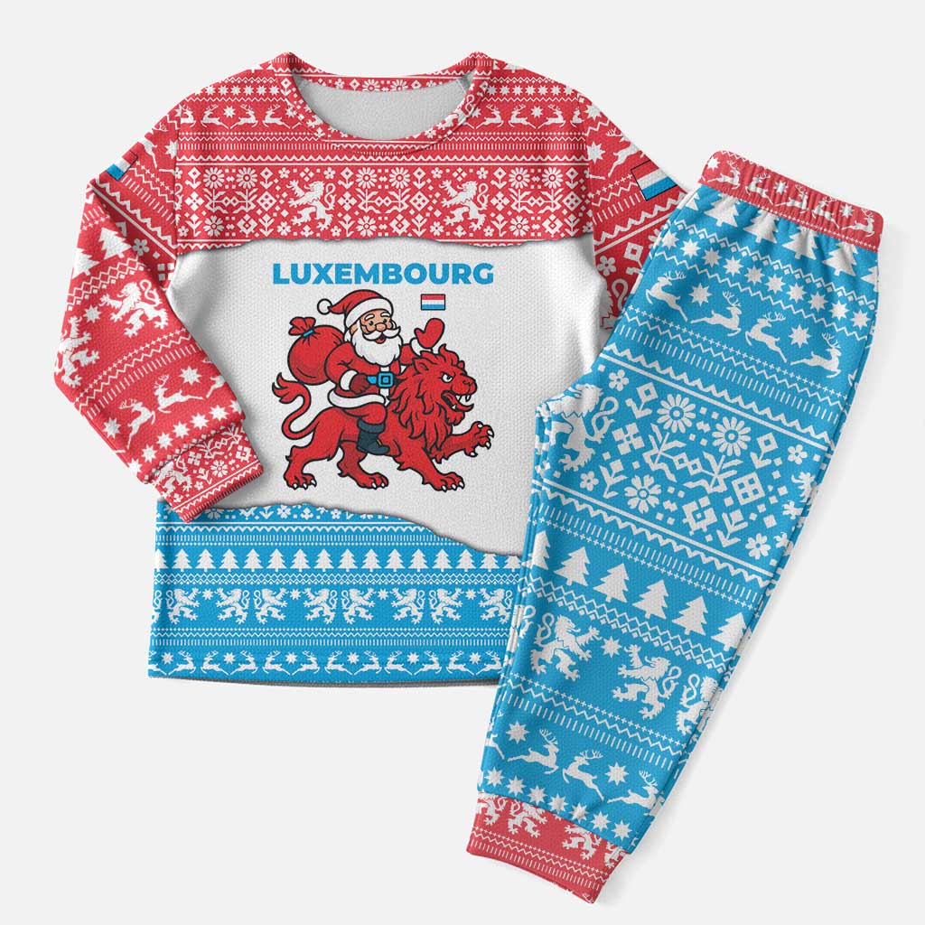 Luxembourg Christmas Pajama Set with Santa Claus Red Lion Snowflake Pattern and National Flag Design - Wonder Print Shop