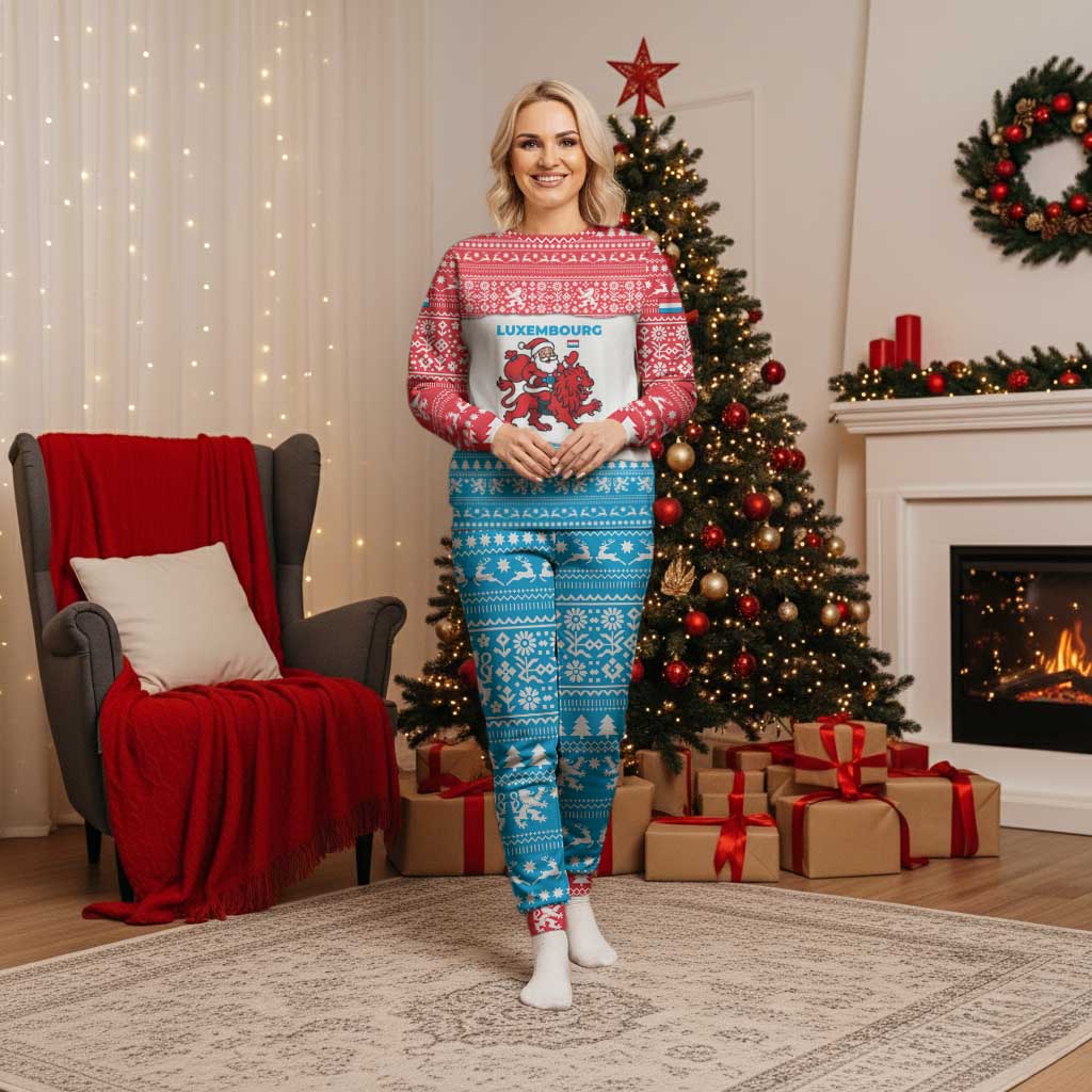 Luxembourg Christmas Pajama Set with Santa Claus Red Lion Snowflake Pattern and National Flag Design - Wonder Print Shop