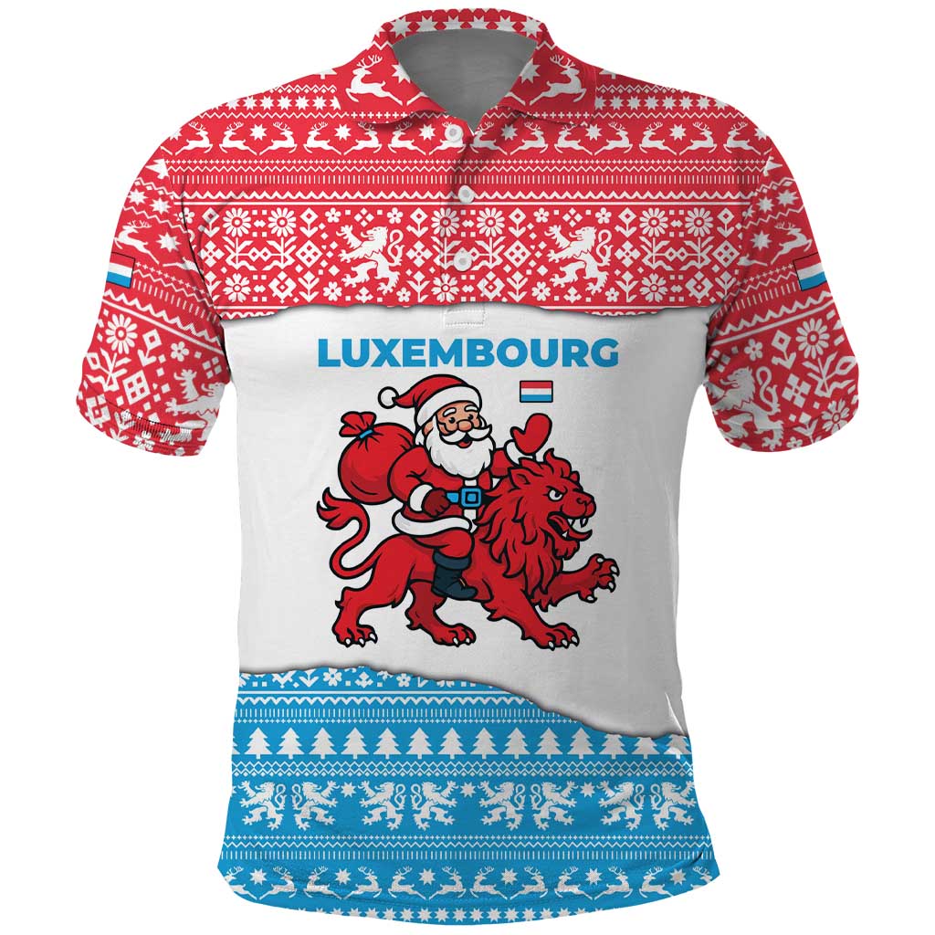 Luxembourg Christmas Polo Shirt with Santa Claus Red Lion Snowflake Pattern and National Flag Design - Wonder Print Shop