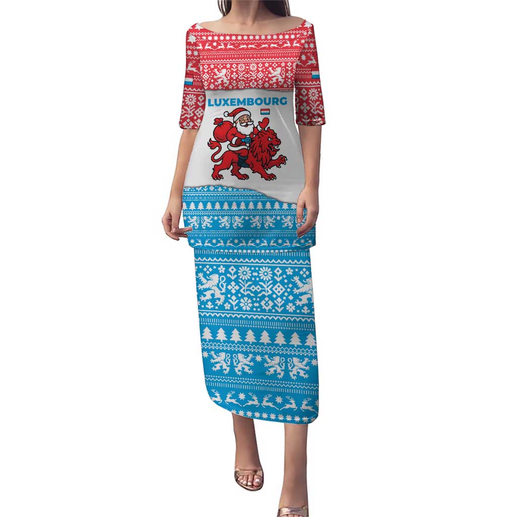 Luxembourg Christmas Puletasi with Santa Claus Red Lion Snowflake Pattern and National Flag Design - Wonder Print Shop