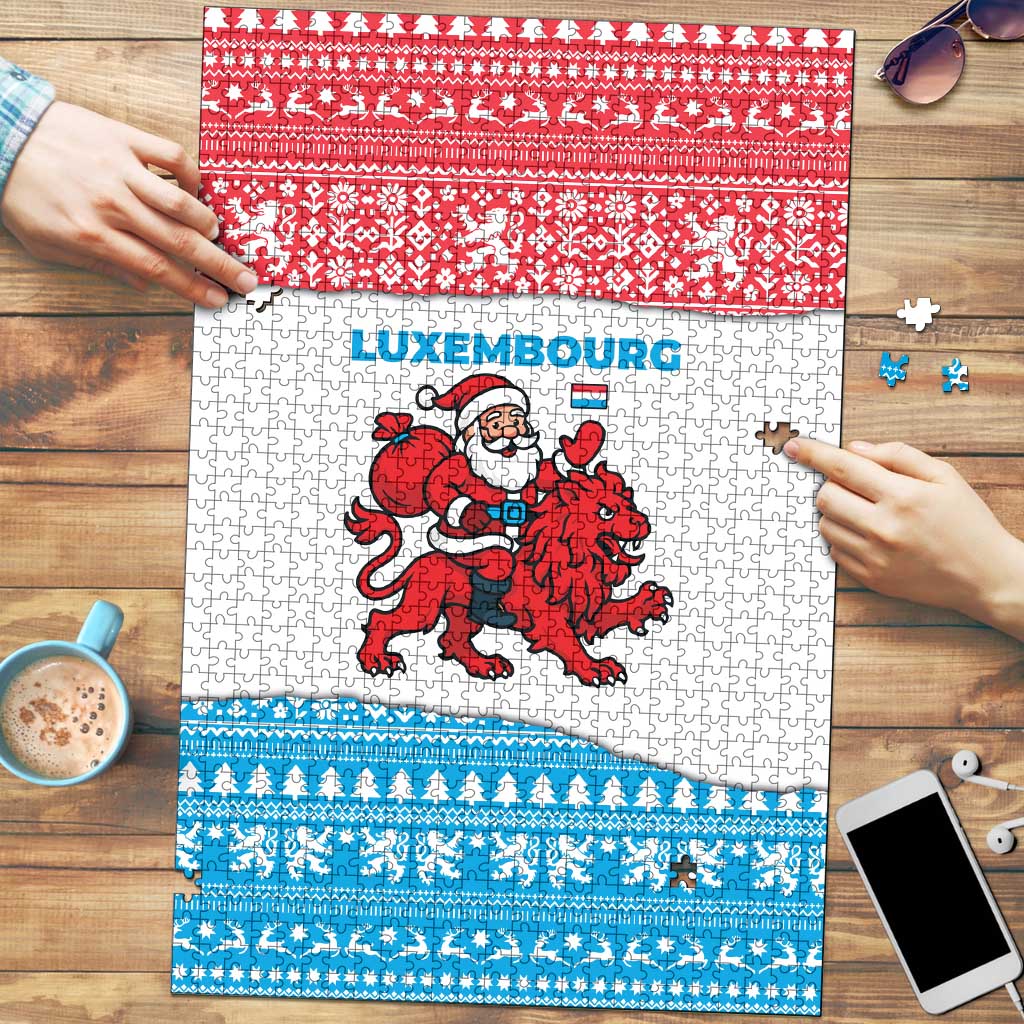 Luxembourg Christmas Puzzle with Santa Claus Red Lion Snowflake Pattern and National Flag Design - Wonder Print Shop