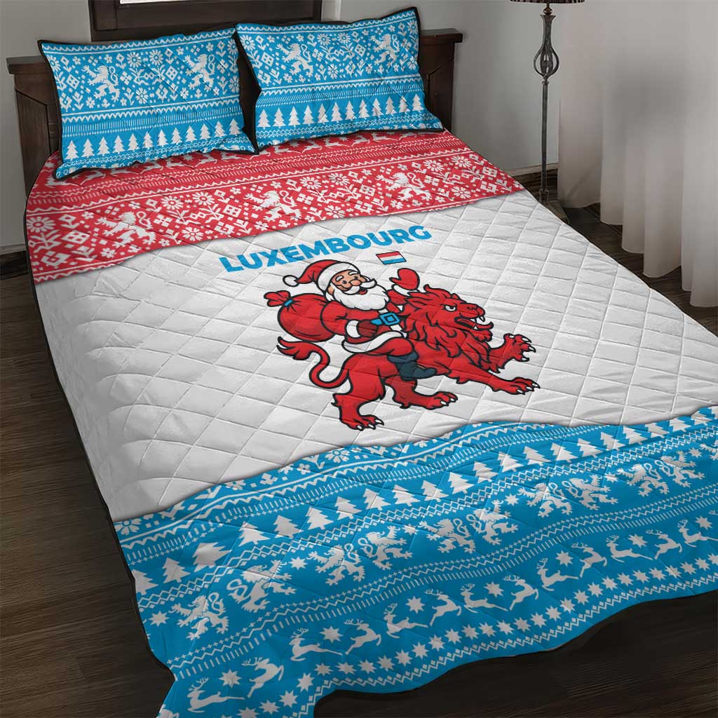 Luxembourg Christmas Quilt Bed Set with Santa Claus Red Lion Snowflake Pattern and National Flag Design - Wonder Print Shop