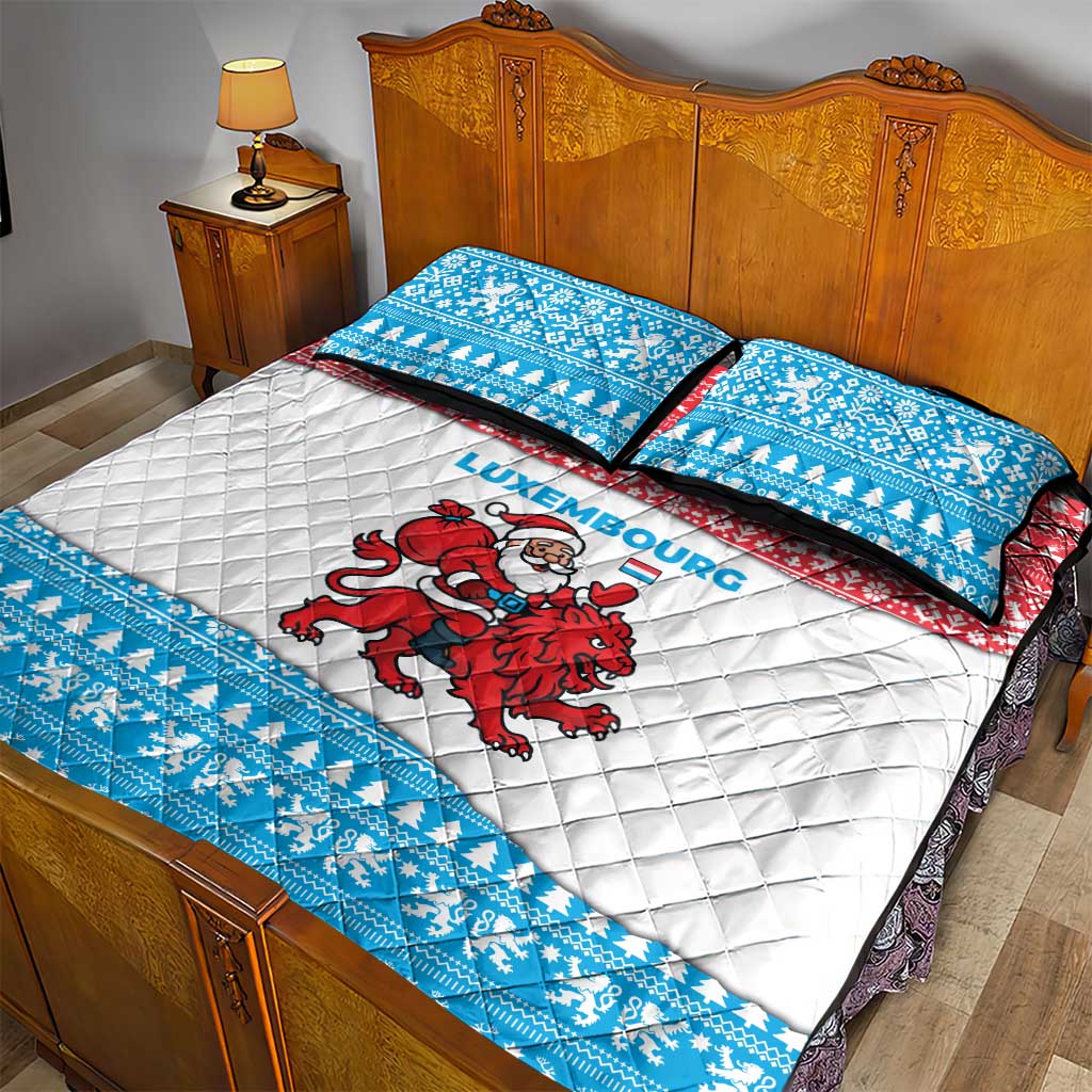 Luxembourg Christmas Quilt Bed Set with Santa Claus Red Lion Snowflake Pattern and National Flag Design - Wonder Print Shop