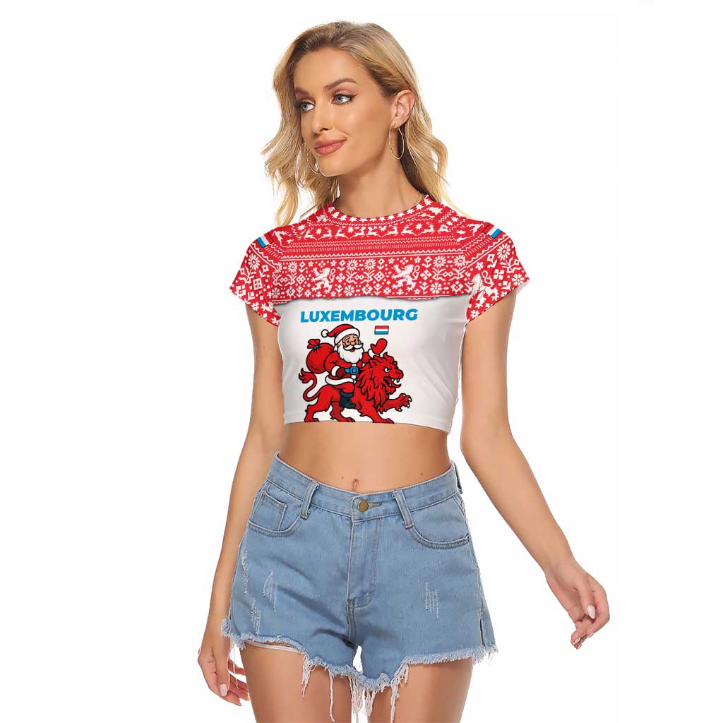 Luxembourg Christmas Raglan Cropped T Shirt with Santa Claus Red Lion Snowflake Pattern and National Flag Design - Wonder Print Shop